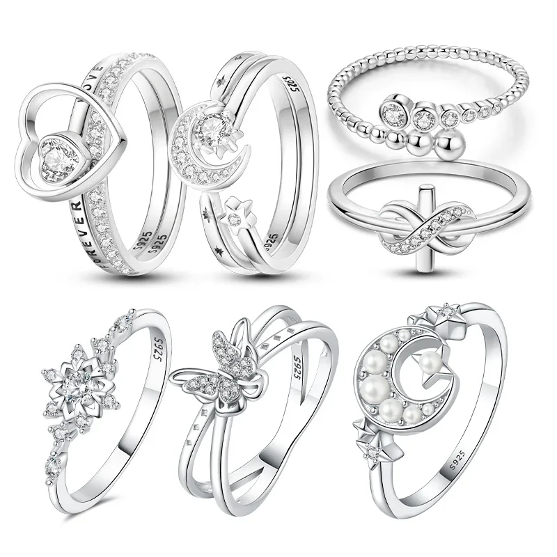 925 Silver Rings Celtic Knot&Infinite Cross Moon & Sun Heart Love Shiny Zircon Ring Wife Valentines's Day Gift Fine for Women