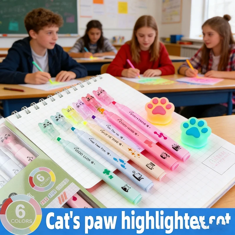 

Набор из 6 милых маркеров-выделителей в пастельных тонах в форме кошачьих лапок, флуоресцентные ручки для рисования, милый подарок, канцелярские товары для школы