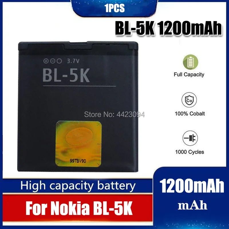 Batería de litio recargable para teléfono móvil, BL-5K BL 5K BL5K de 3,7 V y 1200MAh para Nokia N85 N86 8MP N87 2610S 701 Oro X7 C7-00, 1 unidad