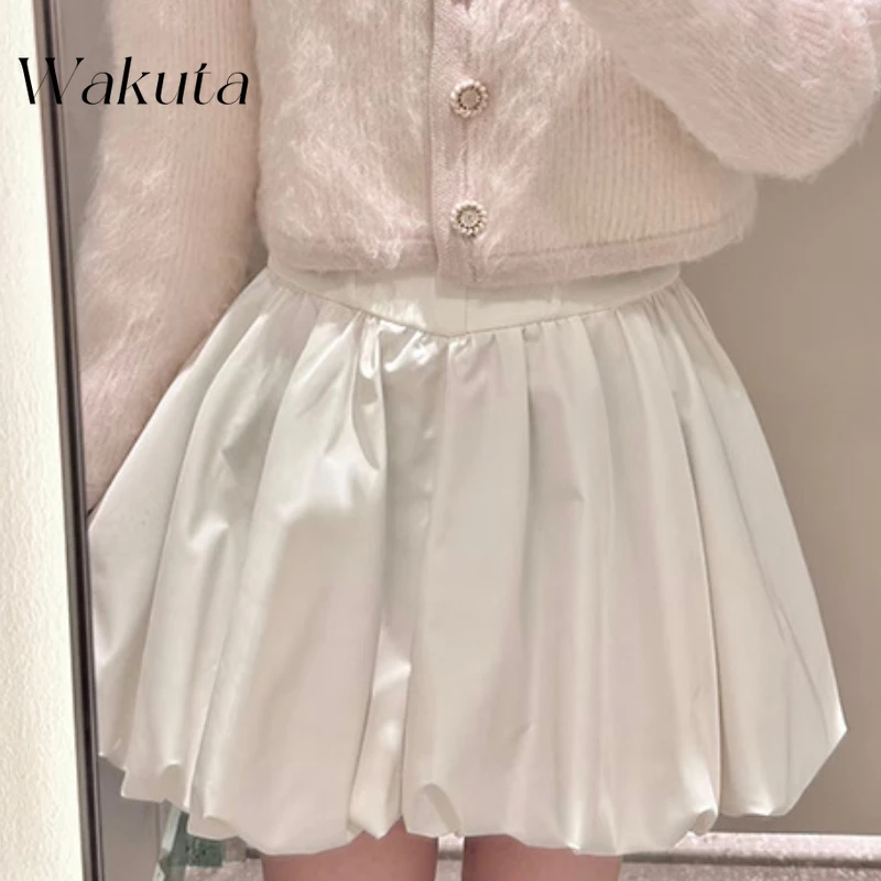 Wakuta Japanese Retro High Waiste Flower Bud Fluffy A-line Short Skirts Harajuku Style Solid Travel Vacation Skirt Gothic Skirt