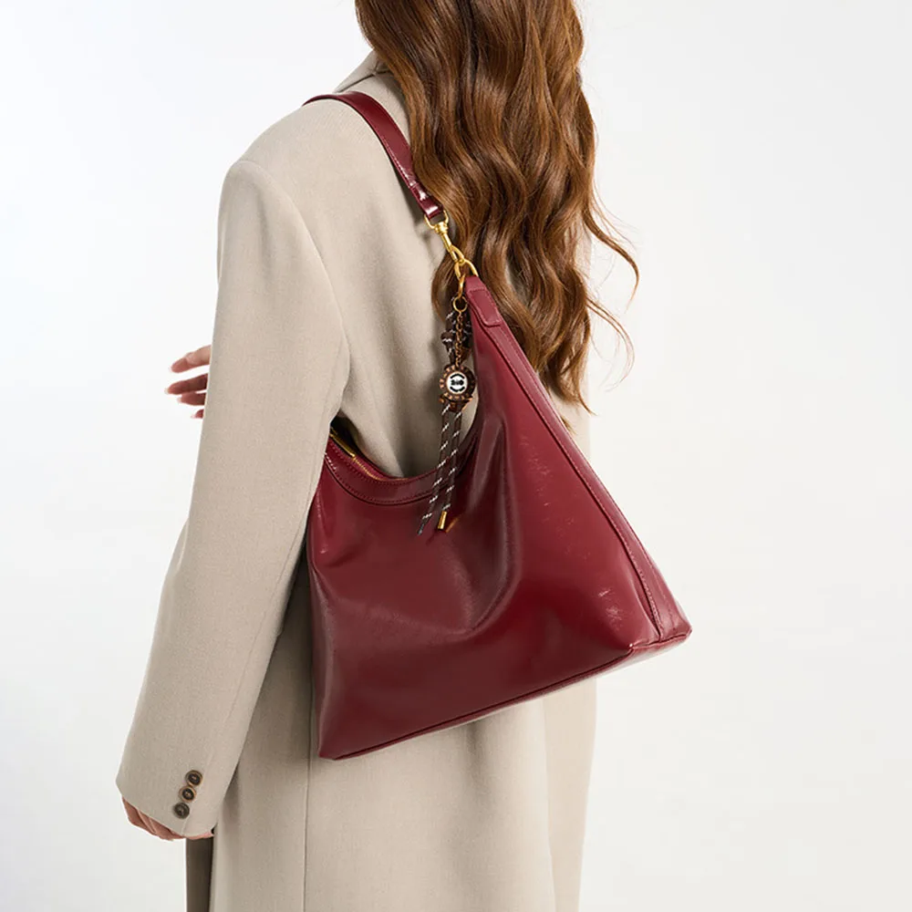 Burgundy Women Shoulder Bags 2026 PU Leather Tote Bag Solid Color Fashion Zipper Casual Shoulder Bag Large Capacity Handbag