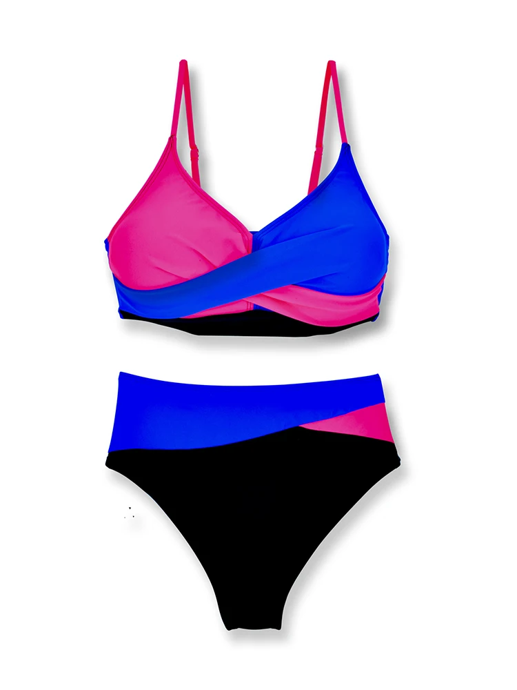 2026 Color Block Crisscross Wrap Bikini Set Spaghetti Strap High Waist Contrast Patchwork Two Piece Women Summer Bathing Suit