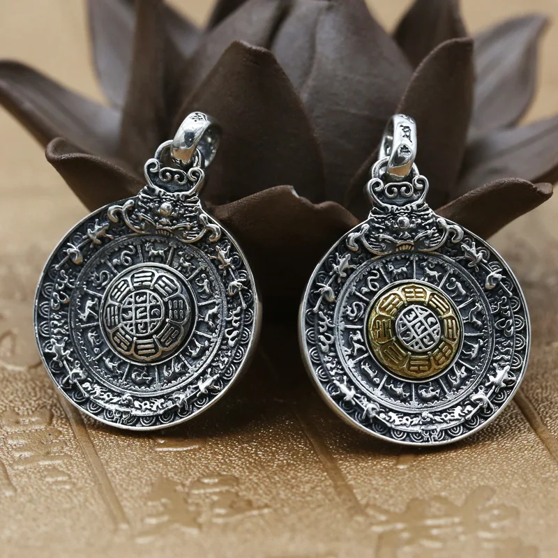 

925 sterling silver amulet chart rotating pendant, Thai silver vintage necklace pendant