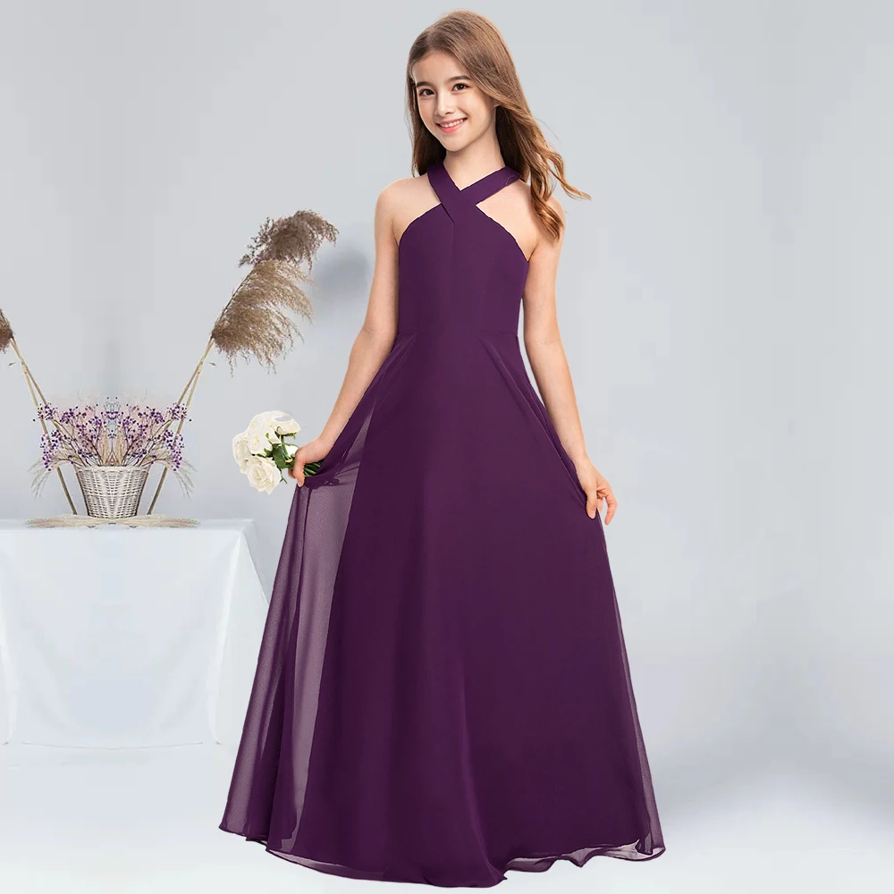 A-line Halter Floor-Length Chiffon Junior Bridesmaid Dress Grape Flower Girl Dress Party for Kids Communion Dress for Juniors