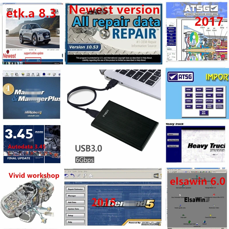 

Newest All repair data 10.53 Car Repair Software Mitchel autodata 3.45 elsawin 6.0 etka 8.3 vivid workshop 49 software in 1TB HD