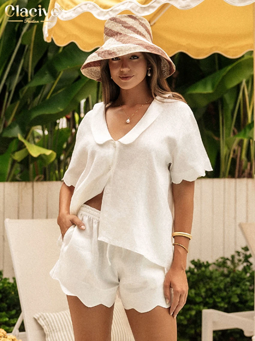 

Clacive Summer Loose White Cotton Women's Two Pieces Set Fashion Short Sleeve Shirt With High Waist Shorts Set Female Streetwear