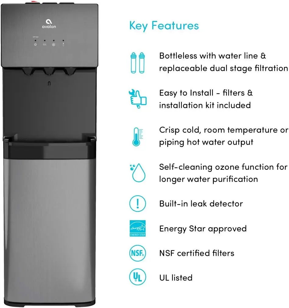 A5BLK Self Cleaning Bottleless Water Cooler Dispenser, UL, NSF certified Filters, Black Stainless Steel, full size