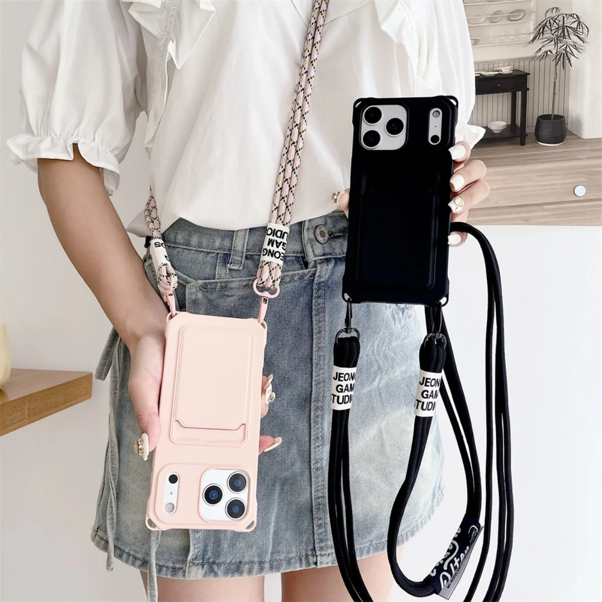 Weiche Silikon-Brieftaschen-Crossbody-Handyhülle für iPhone 17 Air 16 15 14 13 12 11 Pro Max mit Riemen, Halskette, Kartenhalter