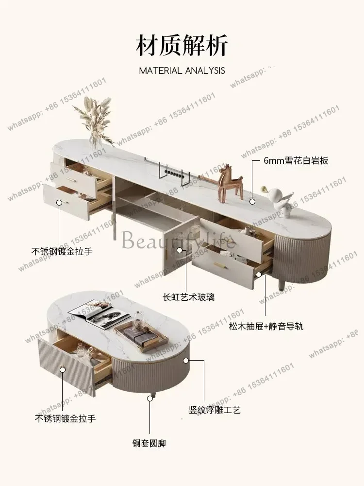 JJ Light Luxury Stone Plate Coffee Table TV Cabinet Combination Small Apartment White Living Room Paint LockerSSS
