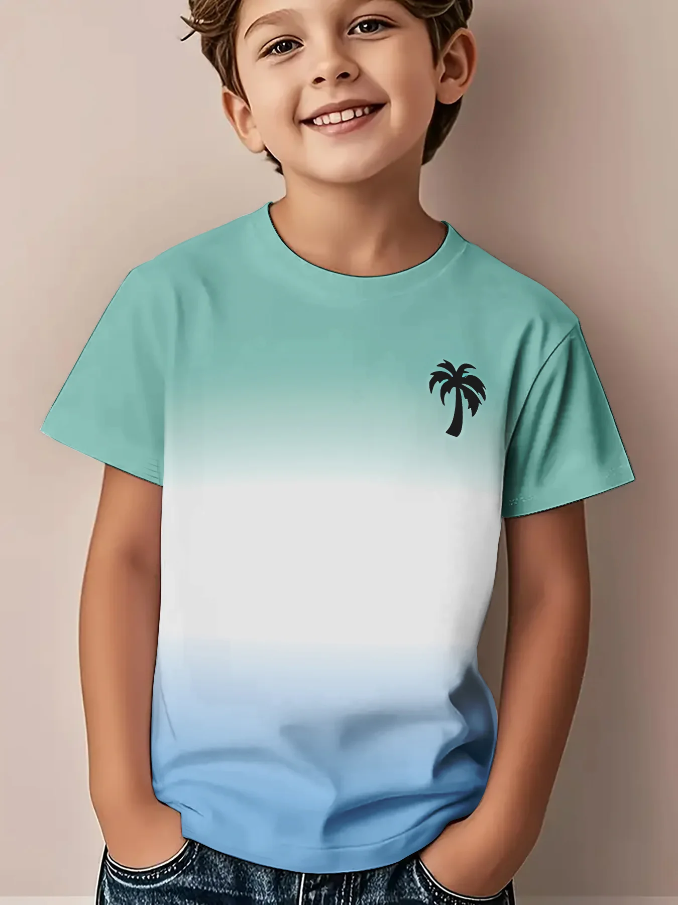 Fashion Gradient Palm Tree Print T‑Shirt,Boys Simple Tropical Coconut Tree Ombre‑Dye Art Short Sleeve Crew Neck Casual Daily Tee