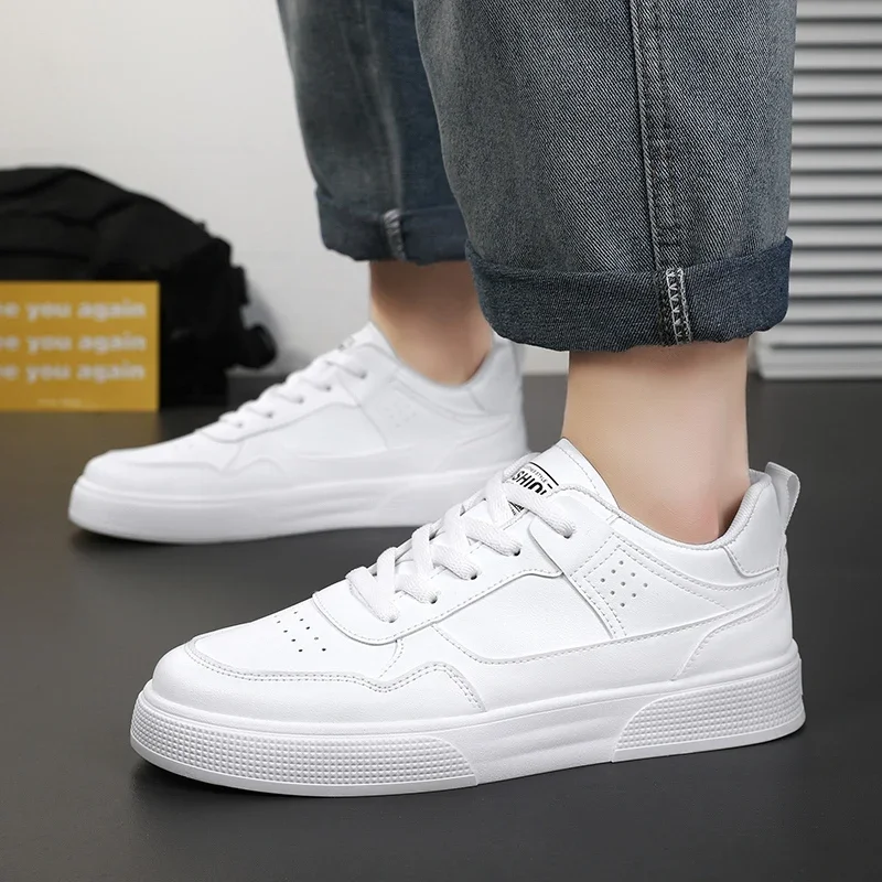 White Outdoor Casual Shoes Leather Men Skateboarding Sneakers Lightweight Running Shoes Platform Breathable Tennis Sports Shoes