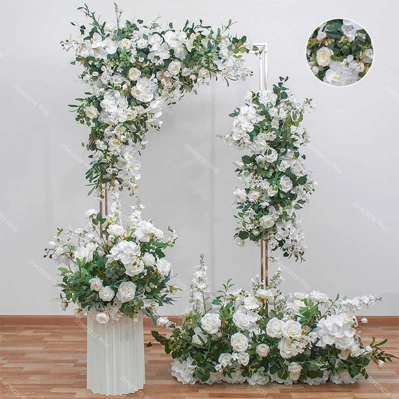

White Rose Orchid Greenery, Artificial Hang Corner Flower, Wedding Arch Deco,Welcome Sign Table Centerpiece Floral Arrangement