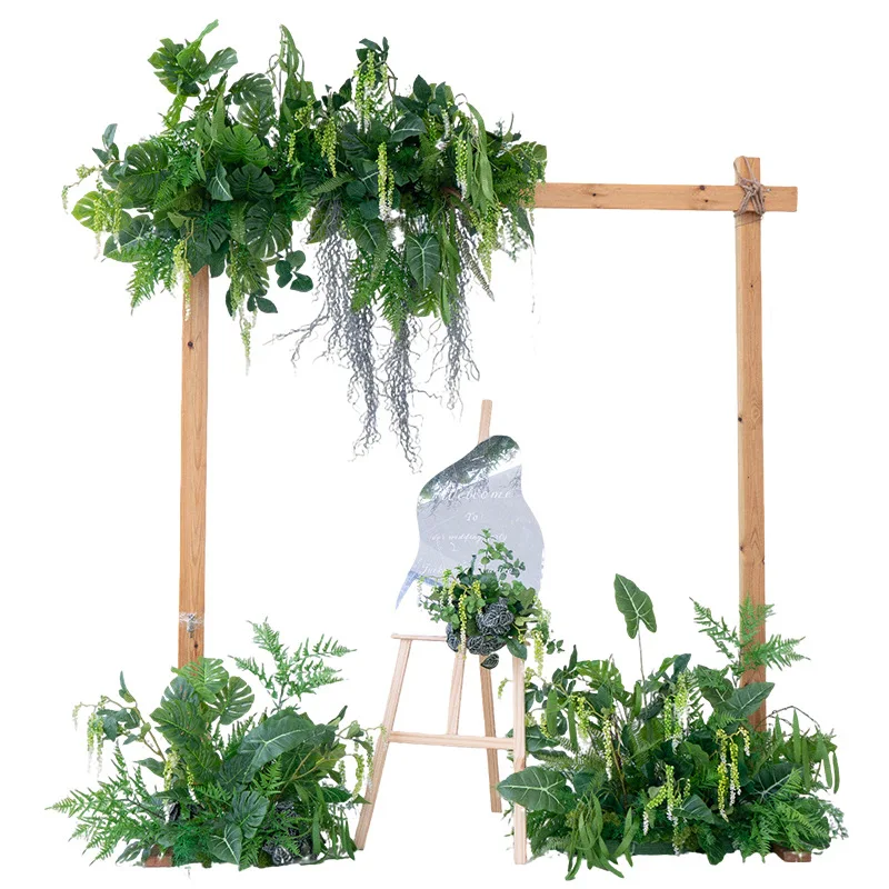 Wooden frame archway decorative floral set, outdoor wedding stage background arrangement, artificial green plants