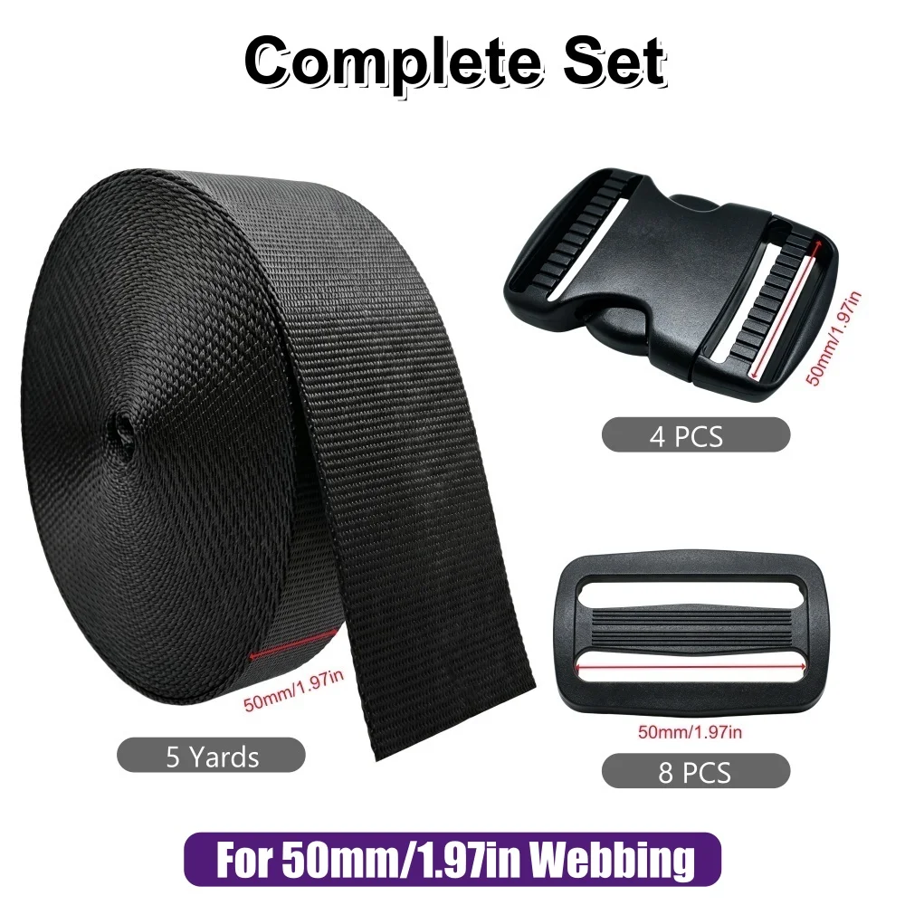 10-50mm 5 Yards Schwarzes Nylon-Gurtband, 4x Schnellverschluss-Schnallen, 8x Tri-Glide Schiebeclips DIY Rucksack-Schnallen und Gurtsätze