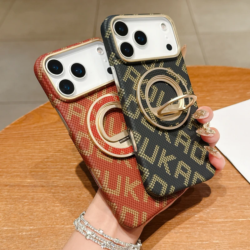 Voor iPhone 17 16 15 Pro Max Case Luxe Koolstofvezel Textuur Magnetische Harde PC Legering Lens + Ring Stand Achterkant voor iPhone 17