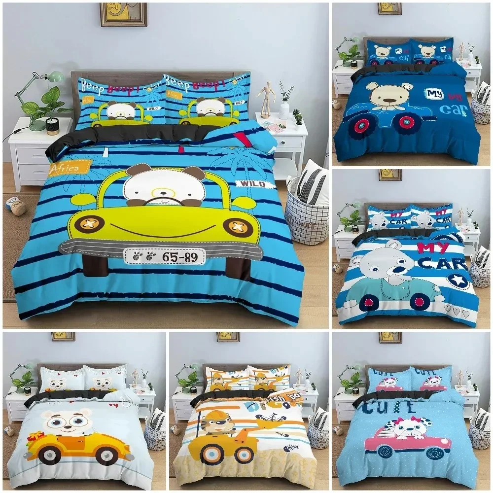 

Cartoon Bear And Car Duvet Cover Bedding Set For Children Kids's Bedroom Soft Cozy QuiltComforter Covers King Twin