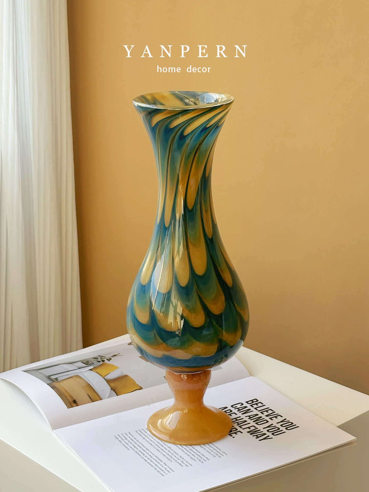 

Ретро-стеклянная ваза в новом китайском стиле, роскошный декор для гостиной, подставка для цветов, лакированная ваза на высокой ножке