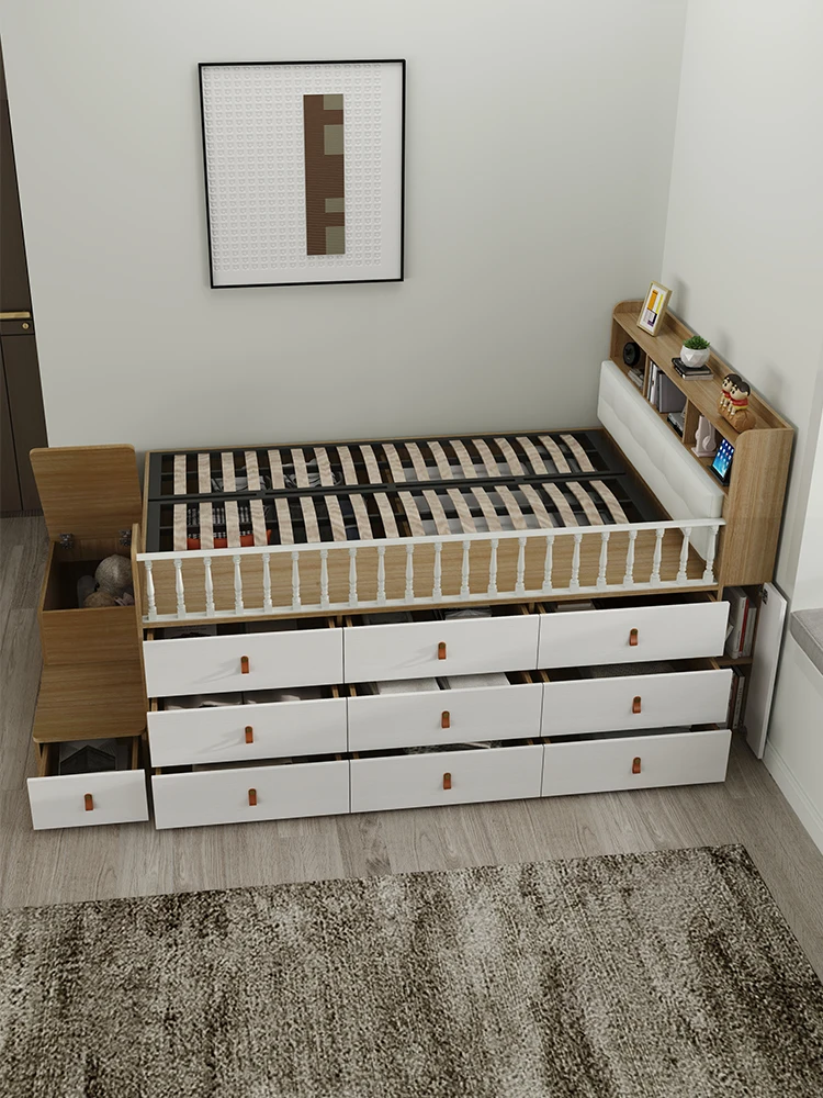 Small apartment high box storage bed multi-functional storage bed tatami with pedal Nordic single bed space-saving customization