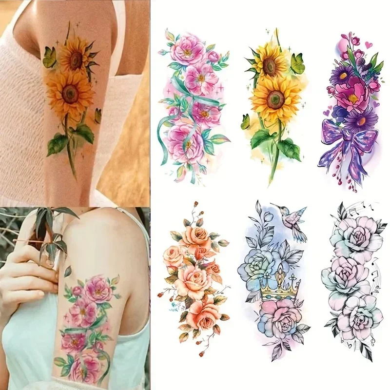 Women Temporary Fake Tattoos for Half Arm Leg Chest Shoulder Painting Yellow Roses Sunflowers Lotus Waterproof Tattoos Stickers