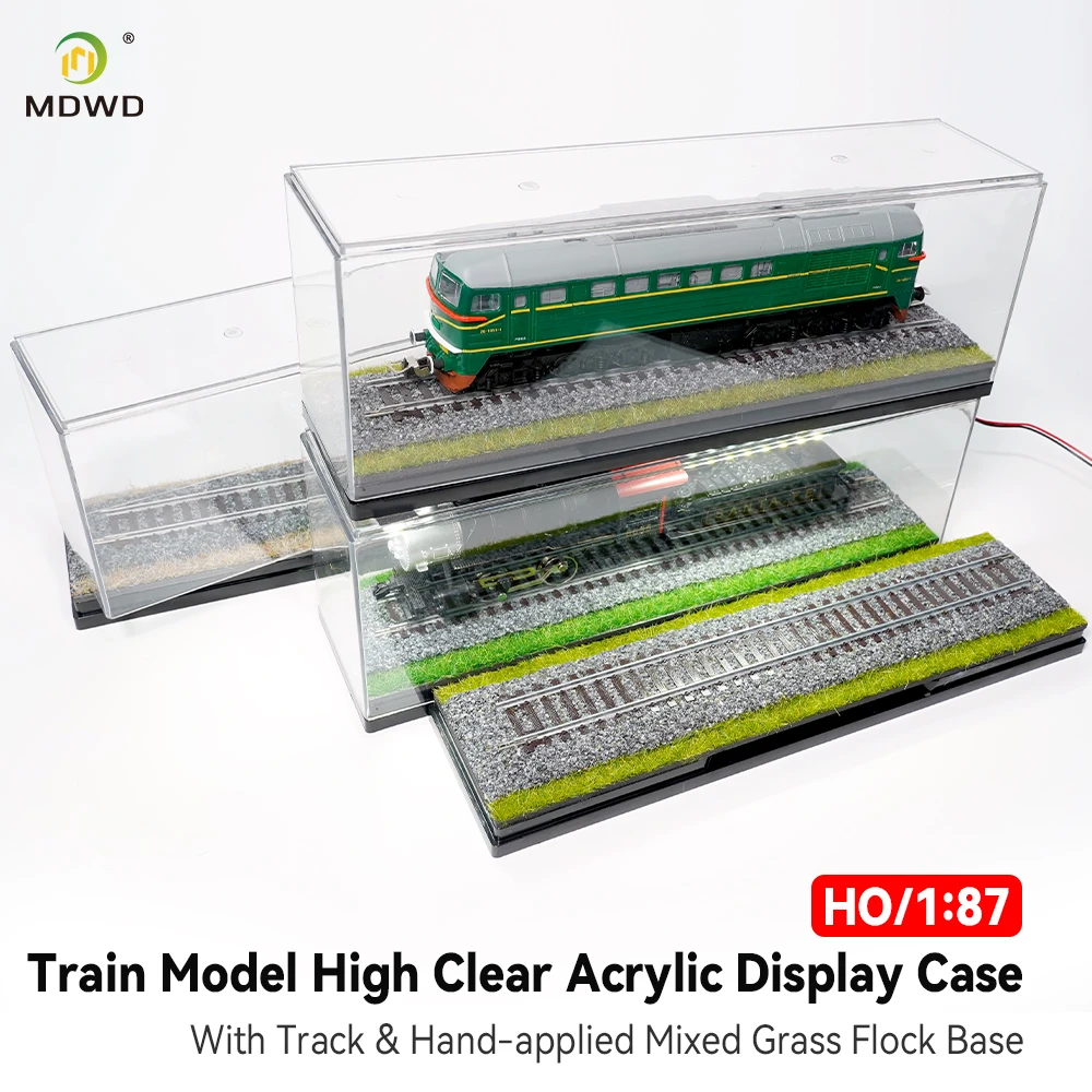HO Scale 1:87 Train Model Display Case, Clear Acrylic Storage Box with Ballast Grass Track Base for Locomotive Collectible