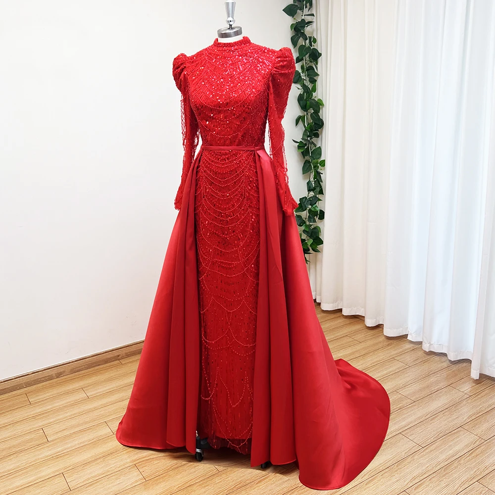 فستان سهرة أنيق لؤلؤ إسلامي للنساء مع ذيل قابل للانفصال 2025 بأكمام طويلة فستان رسمي لحفلات الزفاف حسب الطلب #3