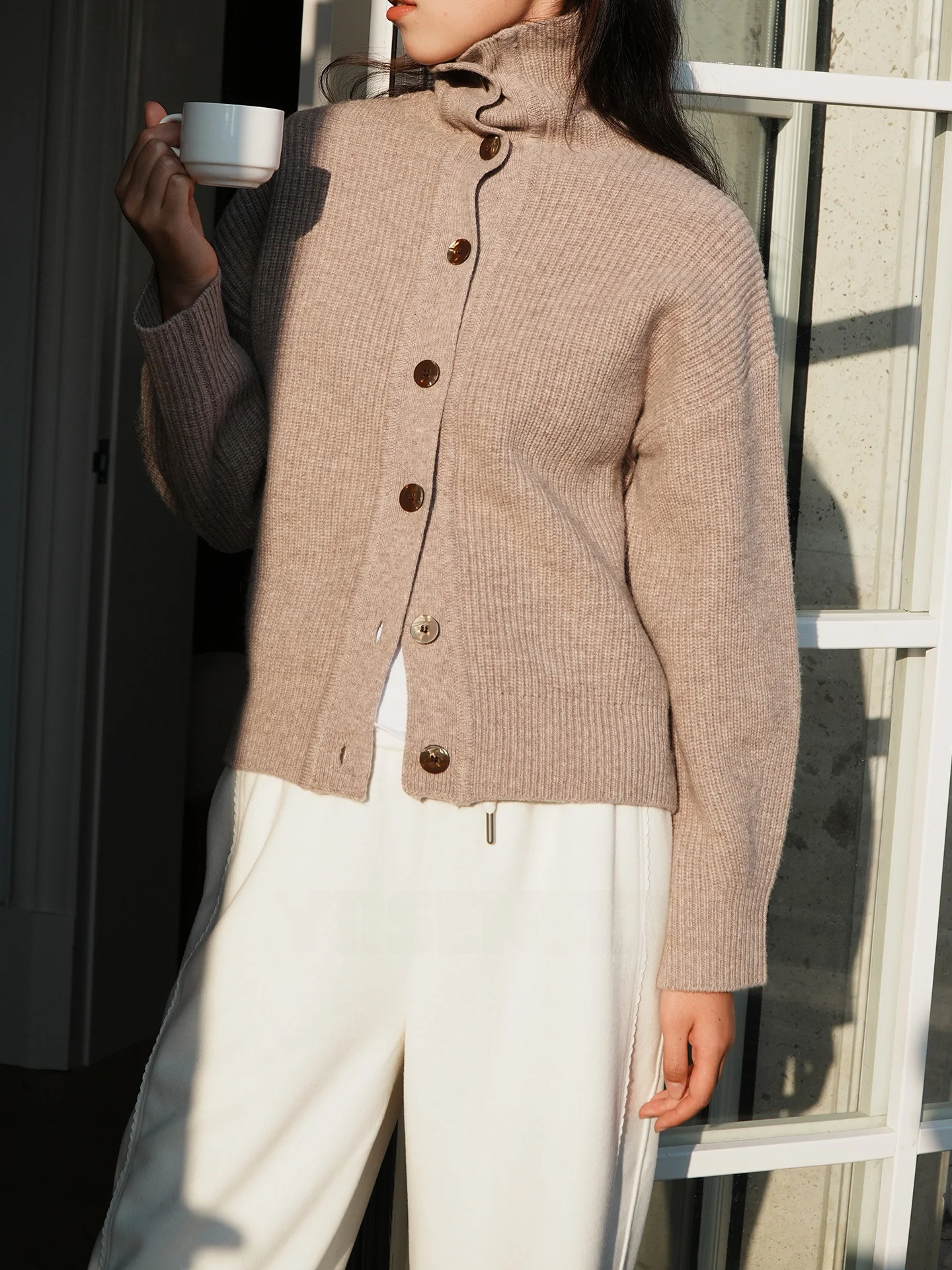 

ISENSEE Осенне-зимний шерстяной вязаный свитер с высоким воротником на пуговицах для женщин, свободный крой, длинный рукав, теплый термотоп