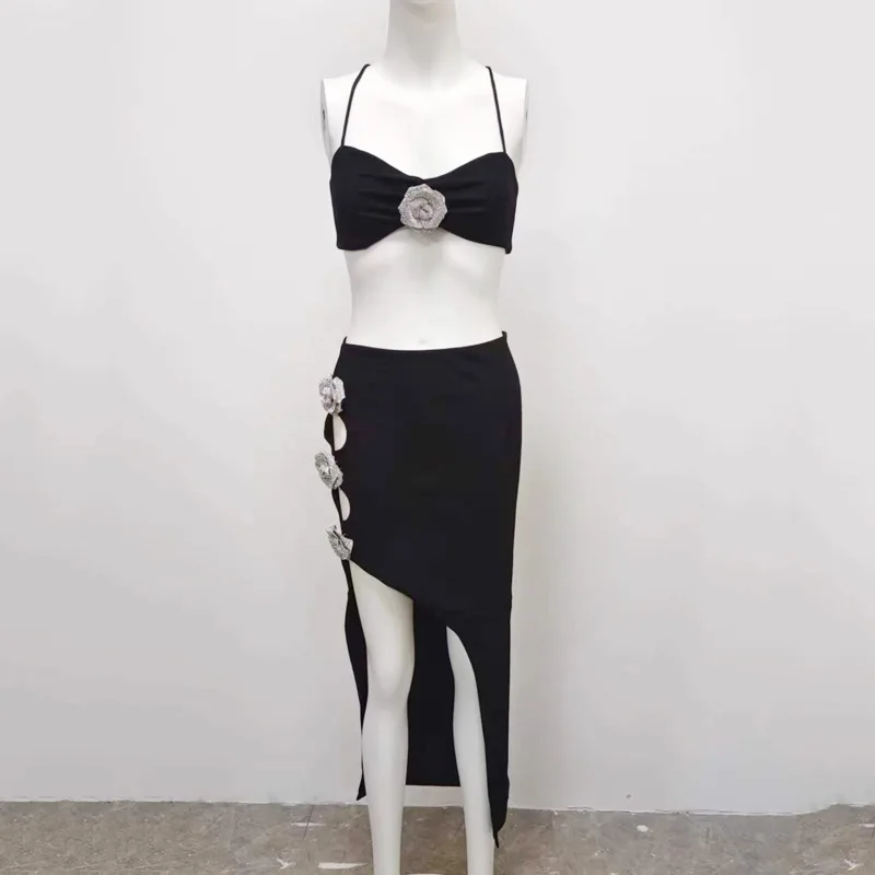 

Sexy backless decorative diamond flower skirt fashion irregular suit dress simple temperament elegant versatile high-end vacatio