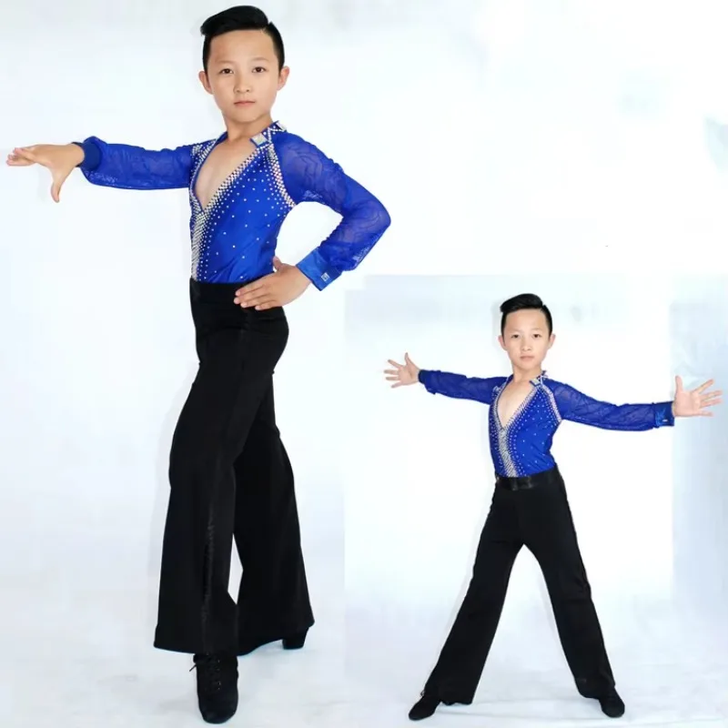 Boys Kids Modern Ballroom Latin Rumba Dance Shirts Sexy Deep V-Neck Competition Dance Costumes Velvet Latin Dance Wear