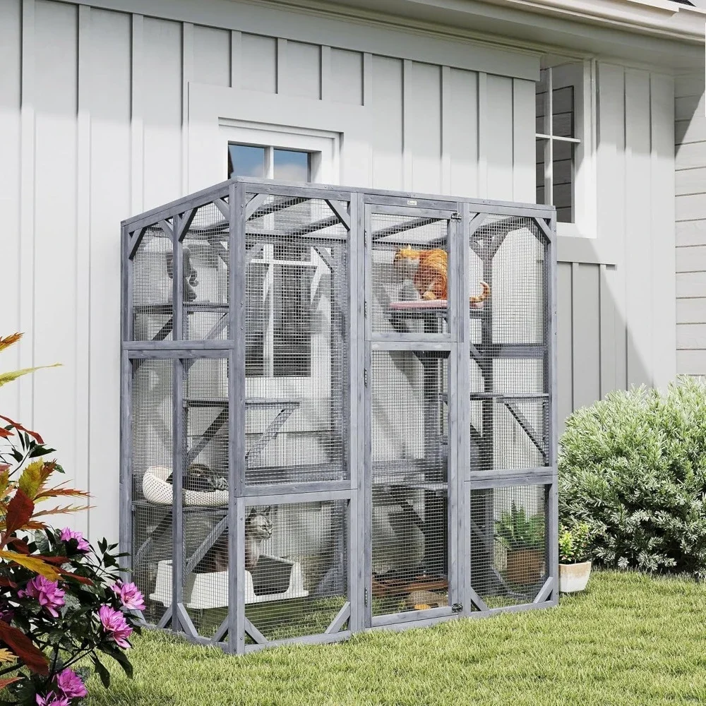 

Outdoor Cat Enclosure, Large Wooden Cat House with 6 Jumping Platforms, Weatherproof Roof