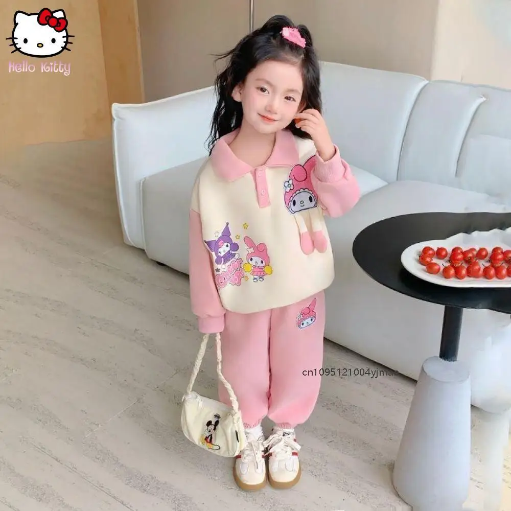 

Детский комплект Sanrio Kuromi Dopamine Vitality, весенне-осенний комплект для девочек My Melody, утепленная толстовка с капюшоном и принтом, штаны, детские милые штаны
