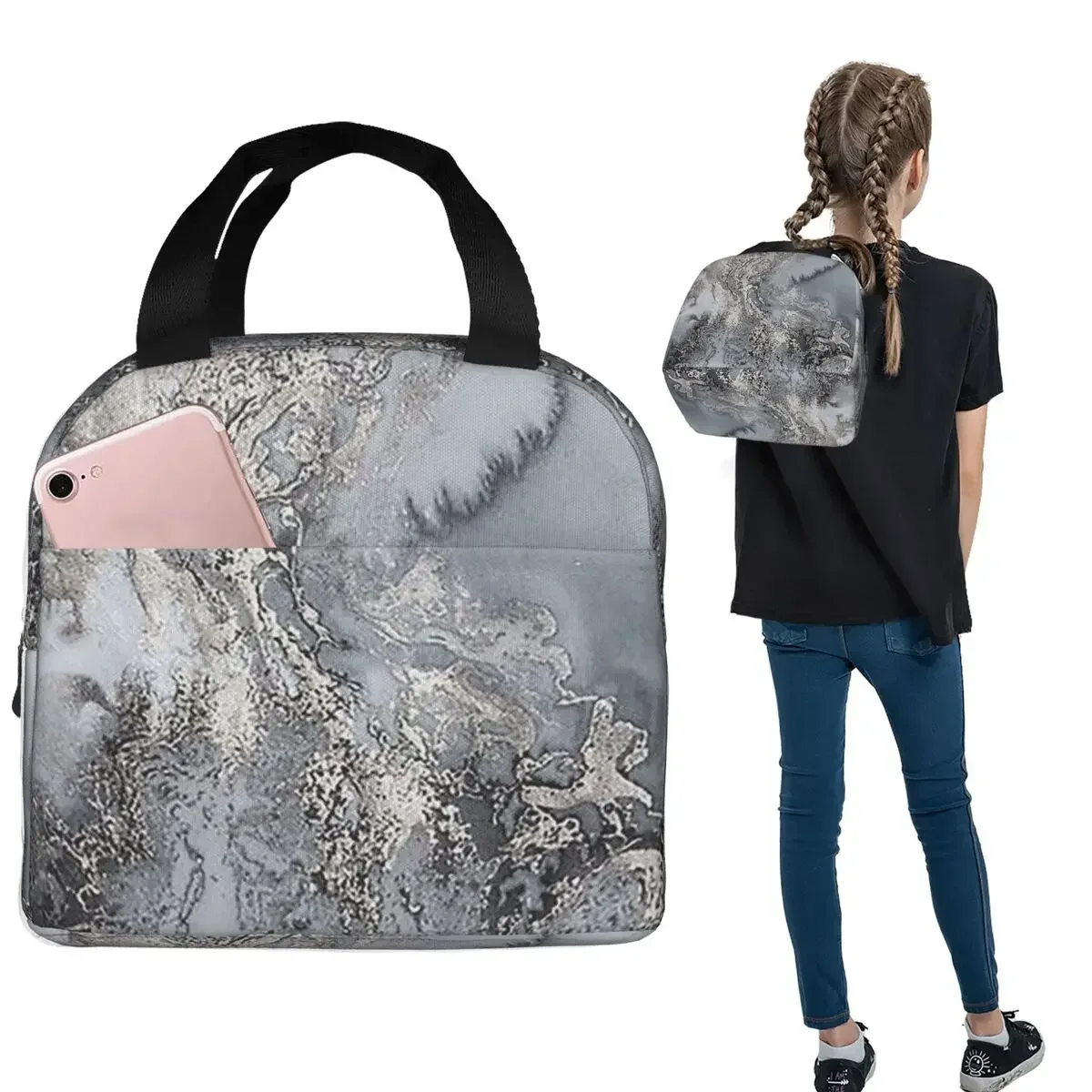 Grey And Silver Marbl Insulated Lunch Bag for Women Kids Portable Food Boxes Thermal Lunch Box Tote