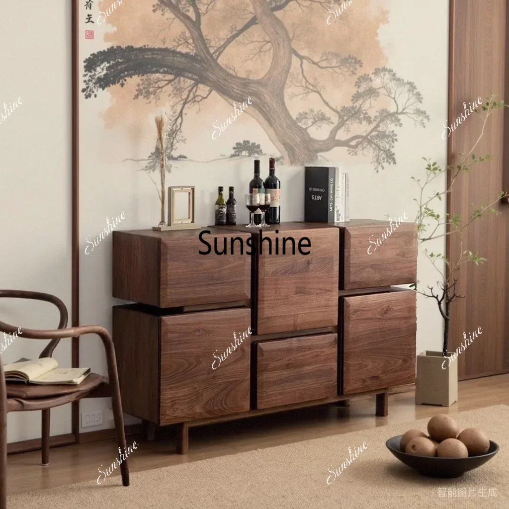 Nordic storage cabinet, modern light luxury Solid wood dining side cabinet, North American black walnut six-pump storage