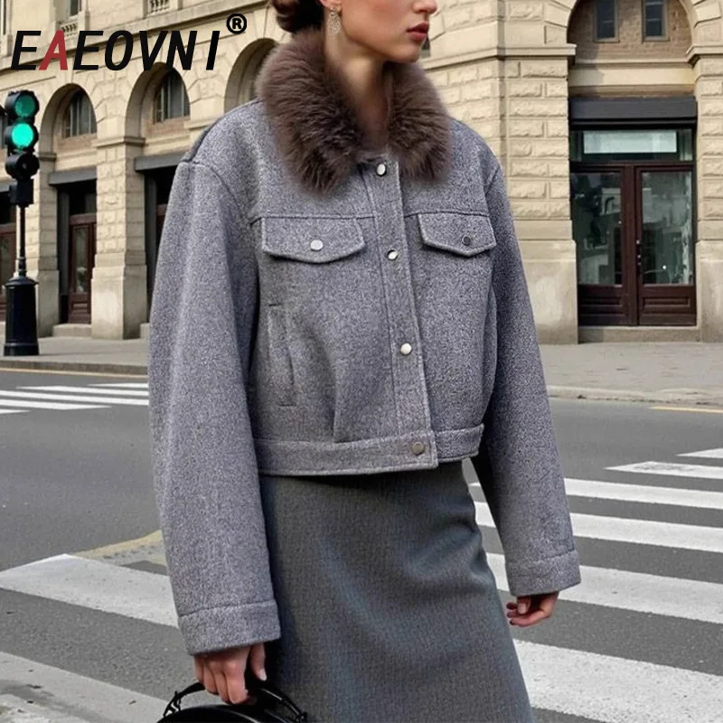 

EAEOVNI Autumn Winter New Short Jacket Women's Fur Spliced Collar Pockets Button Solid Color Warm Coat Outerwear Clothing