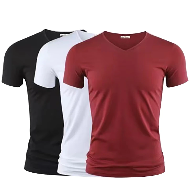 2024 Men\'s T Shirt Pure Color V Collar Short Sleeved Tops Tees Men T-Shirt Black Tights Man T-Shirts Fitness For Male Clothes