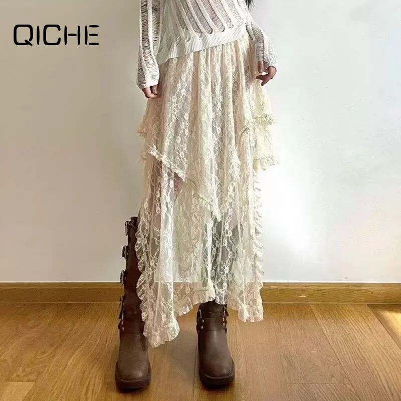 QICHE Trendy Forest‑Inspired Half Skirt Women Lace Irregular Long Skirt Unique Design Casual Daily Bottom