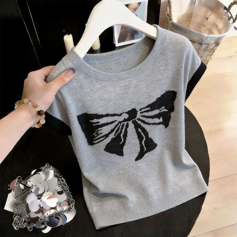 Gestrickter Pullover für Damen, Neue Sommer-Kollektion, Kurzarm-Pullover mit Schleife, O-Ausschnitt, Damen-Oberteil, Strickwaren, Damenkleidung Q3787