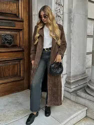 Elegant Women Solid Double Breasted Faux Leather Long Coats Fashion Lapel Full Sleeves Belt Overcoat Fall Lady Commute Outwear