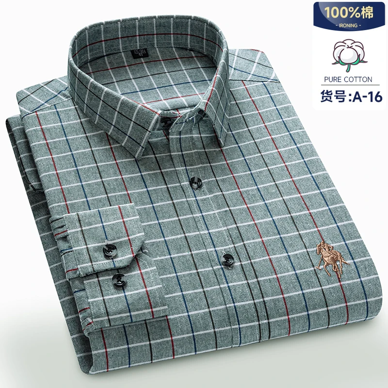 No Pockets M-7XL 100 Cotton Long Sleeve Shirt for Men Plaid Shirt Regular Fit Men Shirt Long Sleeve Male Social Formal Shirts