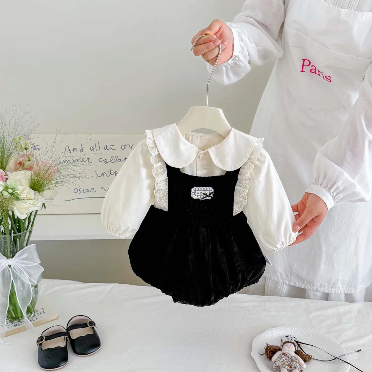 Baby Girl Spring Autumn 2Pcs Set Doll Collar Long Sleeve Shirt+Lace Corduroy Bib Triangle Overalls Suit,Newborn Photo Shoot Outfits