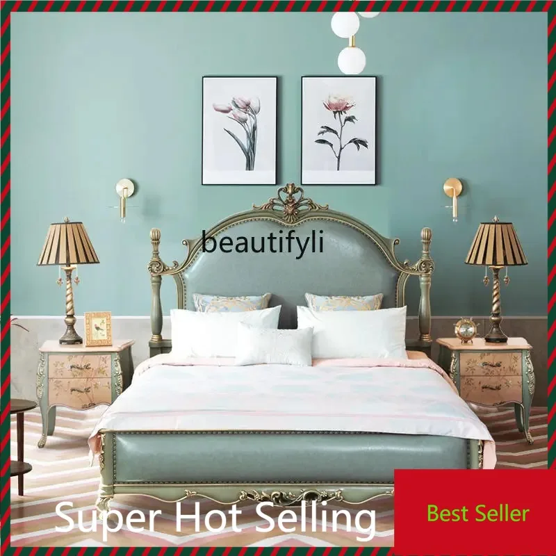 

QQ132 French Entry Lux Style Solid Wood 1.8 M Double Leather Bed Master Bedroom European Light Luxury Court Bed