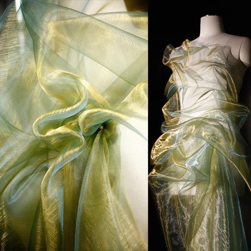 Transparent Ultra-Thin Yellow-Green Gradient Tulle Fabric for Gown Stage Wear Clothing Designer