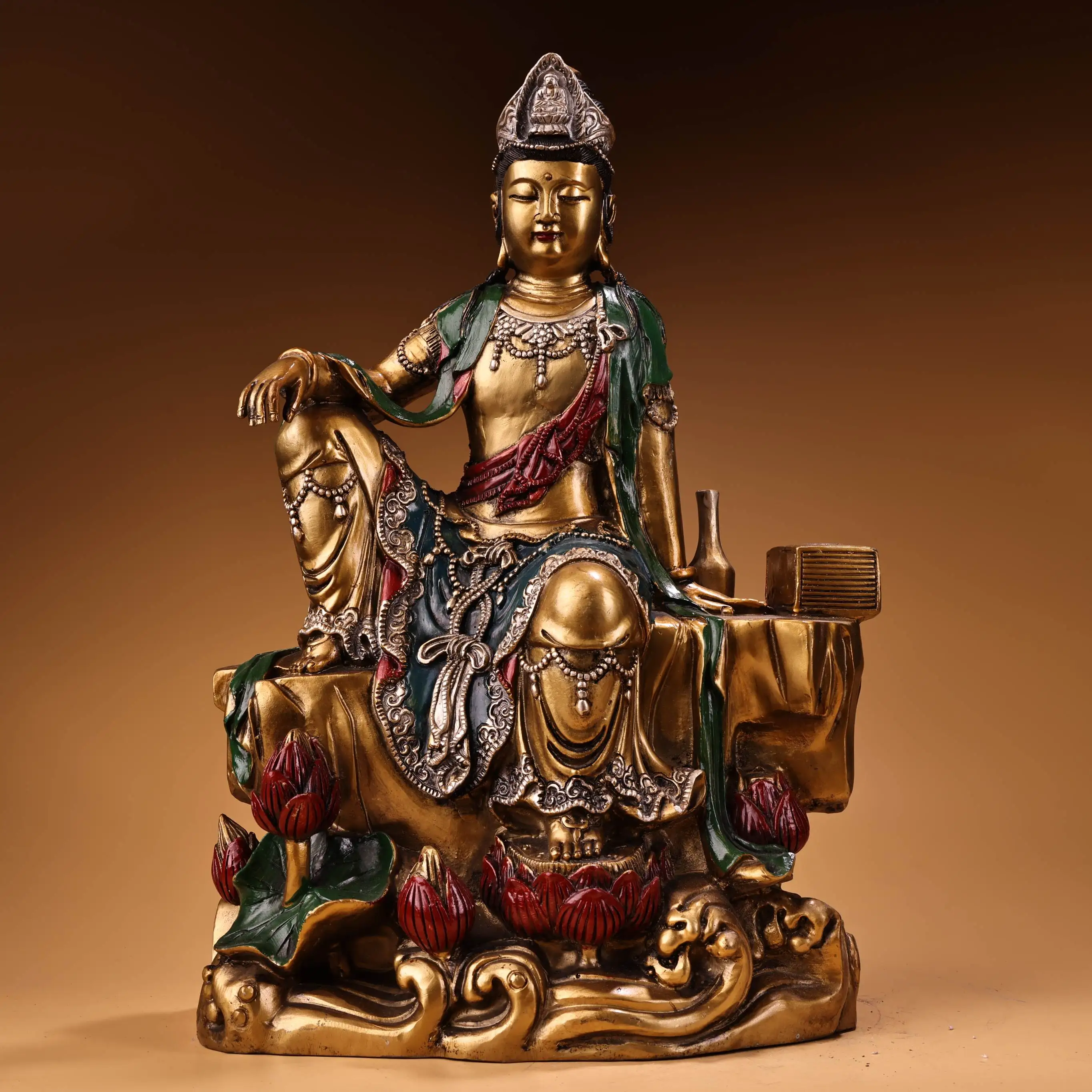 Antique brass gilt painting, free Guanyin Bodhisattva Tara Buddha statue ornament, home hall offering supplies 36cm