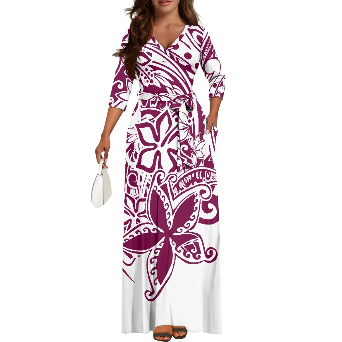 Schwarz-weißes, trendiges, modisches Damen-Maxikleid mit V-Ausschnitt, Pacific Island, floraler Design-Druck, polynesisches Pua-Kalikimaka-Kleid