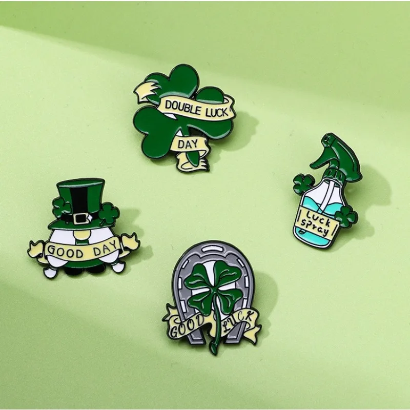 Unisex Creative St Patricks Day Alloy Brooch Green Elf Lucky Clover Pin Badge for DIY Clothes Bags Shoes Hat Scarf Tshirt Jeans