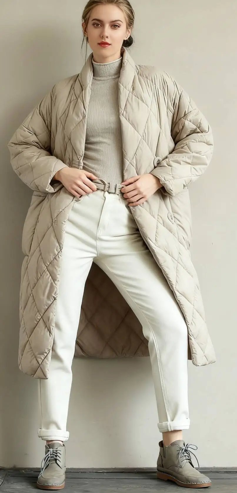 باركاس المرأة مقنعين الشتاء الفانيلا تجمع حزام مطوي الياقة المدورة Ruched ضيق المفاجئة زر السيدات الحضرية ملابس العمل الأنيقة