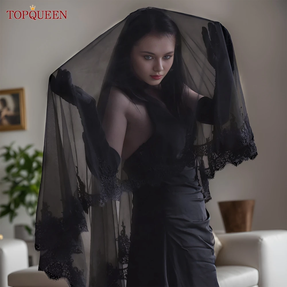 TOPQUEEN Double Layers Black Lace Edging Veil Halloween Collection Black Blusher Accessory Velo Negro Encaje Mantilla V224