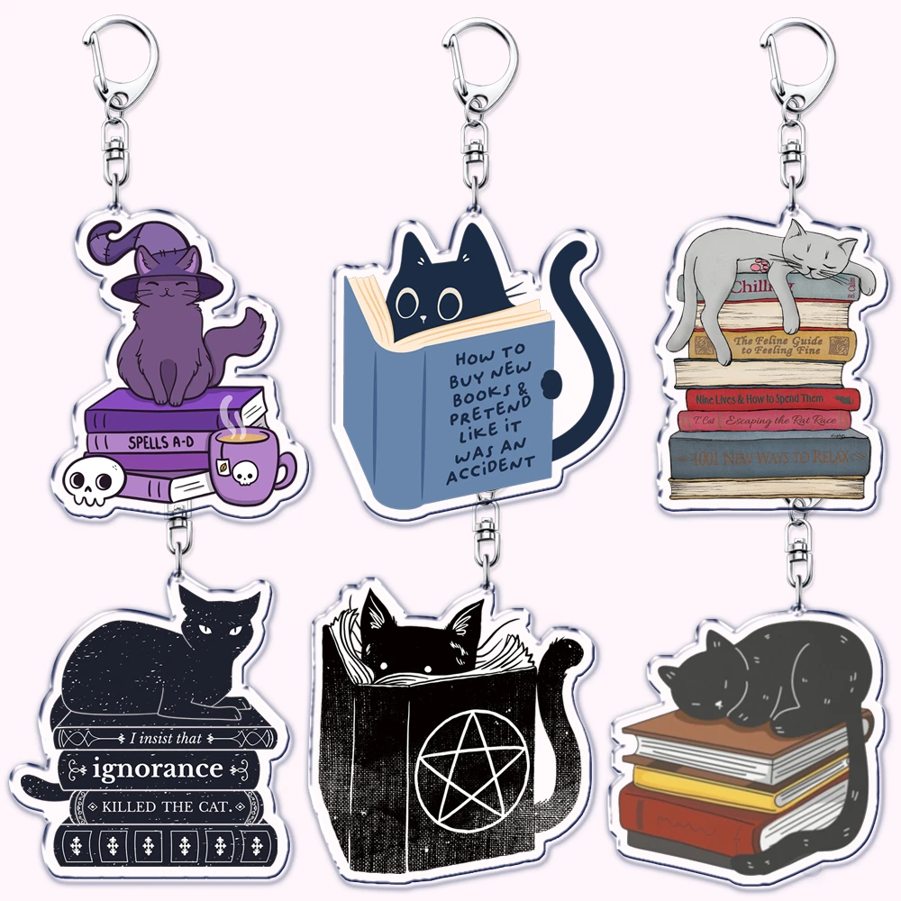 Cute Black Cat Reading Books Acrylic Keychains for Accessories Bag Pendant Bookish Kitten Lovers Bookworm Keyrings Jewelry Gifts