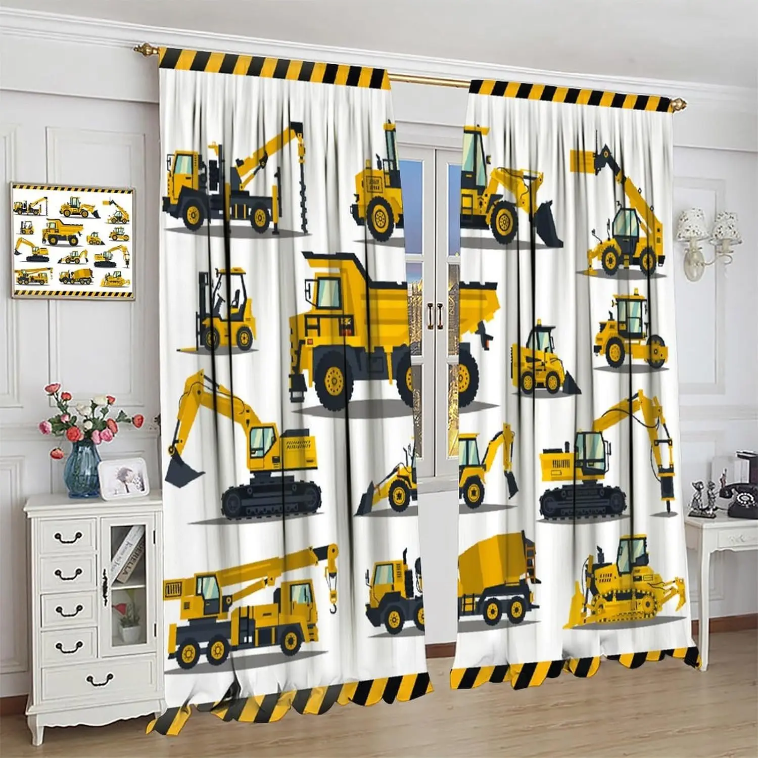 

Construction Truck Curtains,Cartoon Excavator Kids Curtain Machinery Truck Cranes Tractors Print Window Treatments for Kids Boys