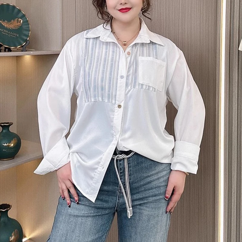 

Japanese Style Oversized Striped Shirt, Retro Color Block Blouse for Women, Loose Fit Casual, Spring Fall Plus Size Top 8285