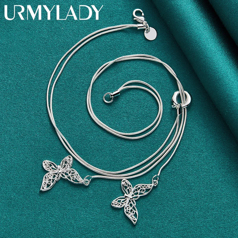 URMYLADY 925 Sterling Silver Double Butterfly 18 Inch Snake Chain Pendant Necklace For Women Wedding Party Fashion Charm Jewelry